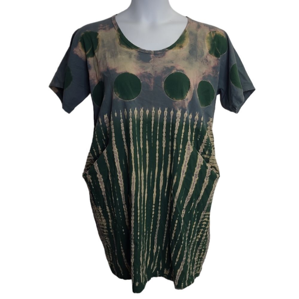 TIE‎ DYE bleach short sleeve round neck tee shirt dress with pockets M